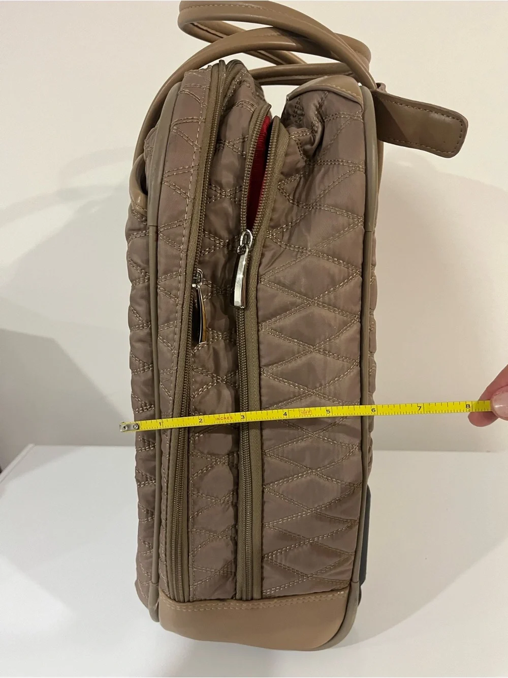 Quilted Travel Tote in Taupe with Tan Trim